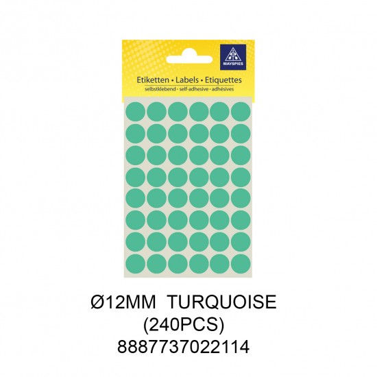 MAYSPIES MS012 COLOUR DOT LABEL / 5 SHEETS/PKT / 240PCS / ROUND 12MM TURQUOISE